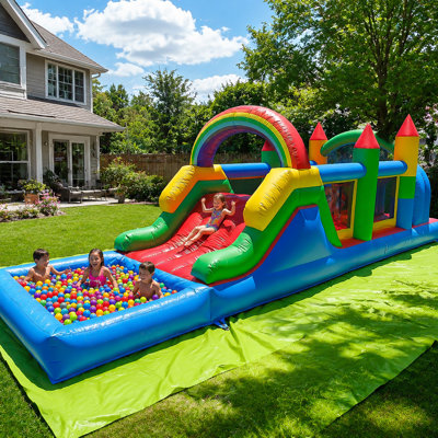 Jeu gonflable pour enfants Relunch 25 pi, parcours d'obstacles gonflable 100% PVC avec glissades d'eau / souffleur, fête extérieure de qualité robuste