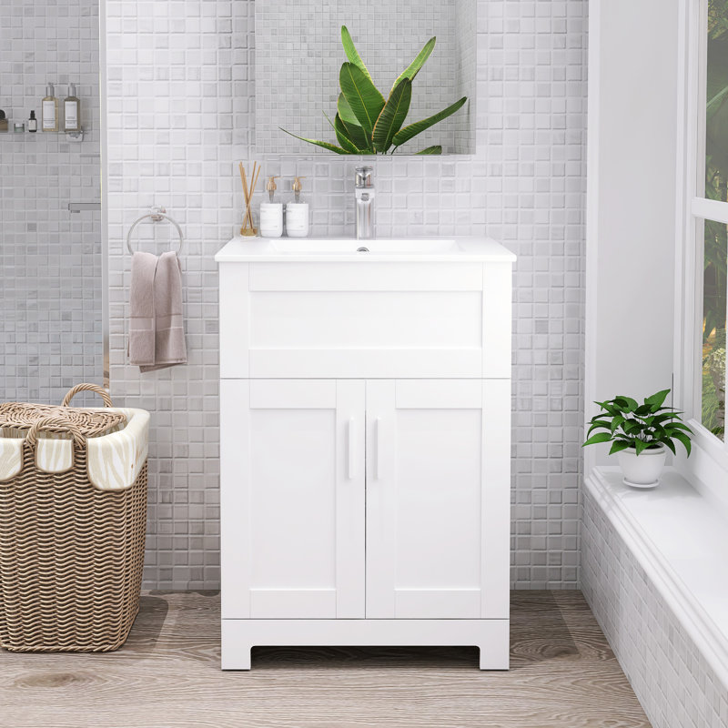 Meuble-lavabo simple 24 po Mid-Century avec lavabo en céramique et drain escamotable