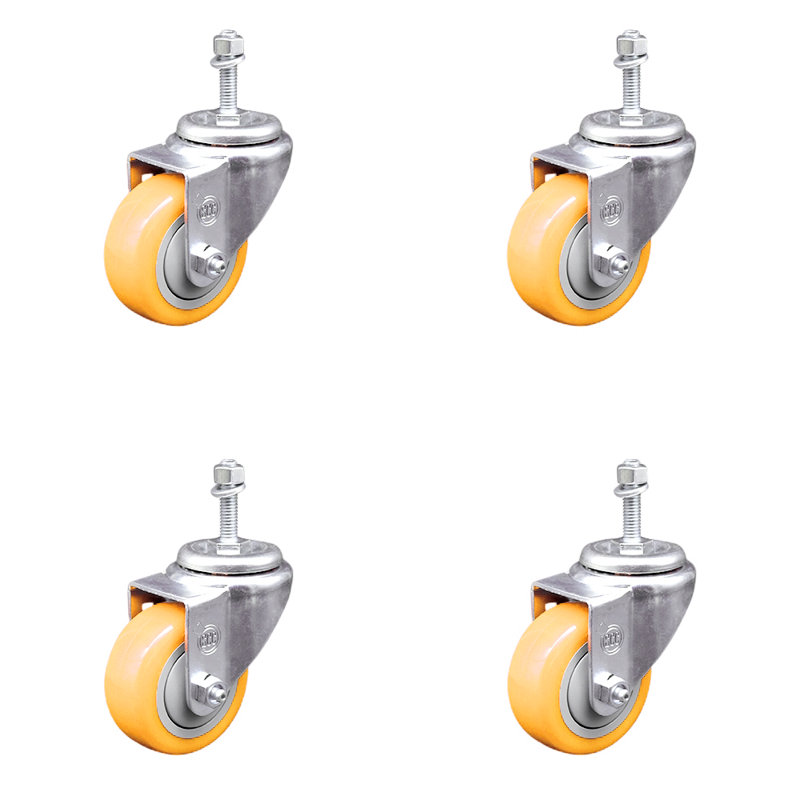 Ensemble de roulettes à tige filetée de 3,5 po en polyuréthane pivotant de 3/8 po SCC, Jaune