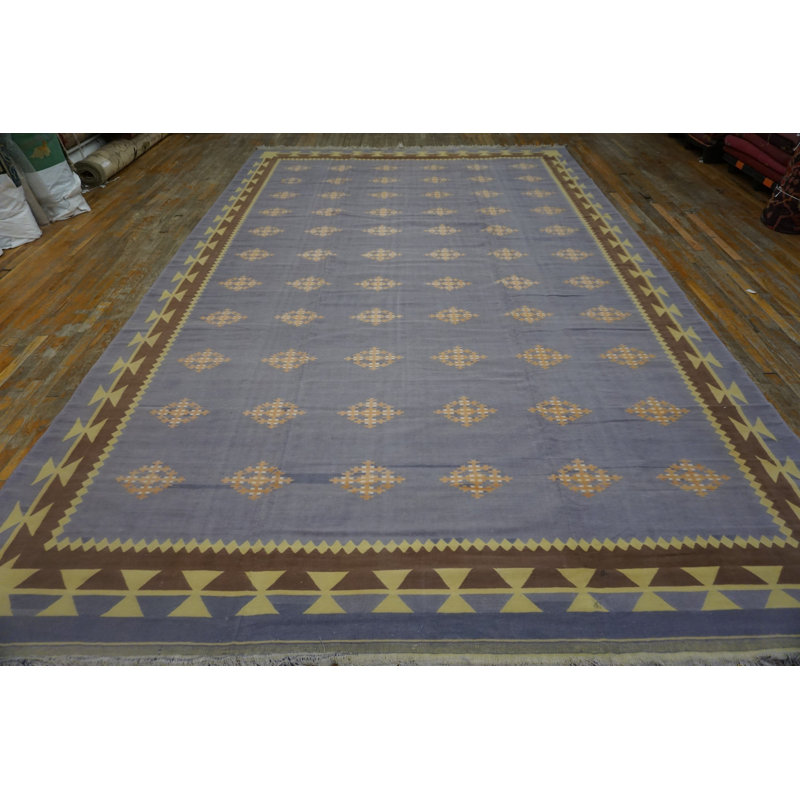 Antique Geometric Indian Flatwoven Large Room Size Cotton Dhurrie Rug