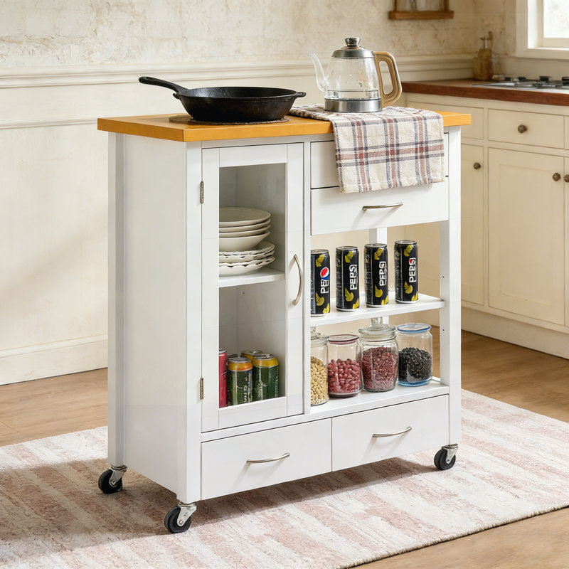 Chariot pour îlot de cuisine roulant avec plateau en noyer, tiroirs de rangement, armoire et barre à serviettes pour une organisation flexible.
