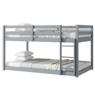 Solid Wooden , Solid Rubber Wooden Twin Over Twin Floor Bunk Bed With Ladder ,Upper And Bottom Bed Platforms Crafted With Strengthened Slats ,Grey