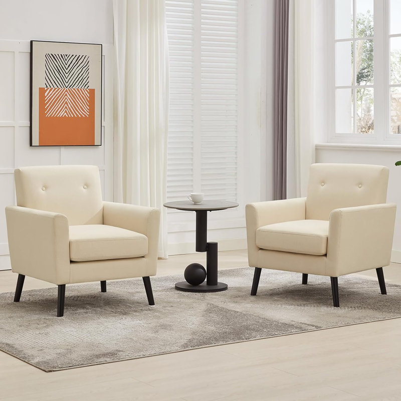 Mid-Century Accent Chairs, Modern Living Room Chairs With Linen Fabric, White