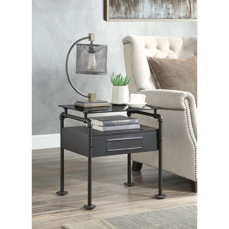 Table de chevet en verre et gris sablé