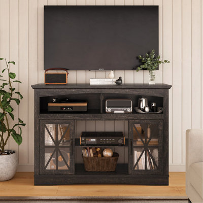 Meuble télé 47 po avec tablettes réglables, console de télévision rétro avec portes en verre et lumières DEL, meuble de rangement multimédia pour salon, chambre à coucher et cuisine