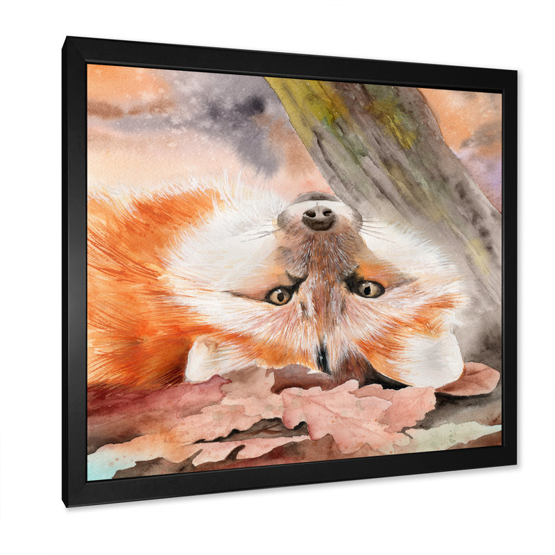 Renard roux couché dans des feuilles tombées près d'un tronc d'arbre - peinture sur toile, Cadre photo noir