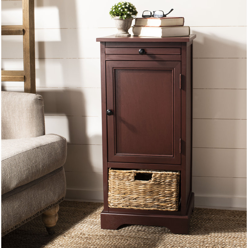 Dark Cherry Tall Accent Cabinet with Woven Basket