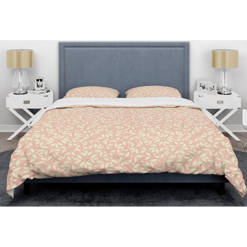 Retro Art Deco - Mid century bedding set - Modern Mid-century Bed cover set, Twin Duvet Cover + 1 Sham, Pink Leaves Floral