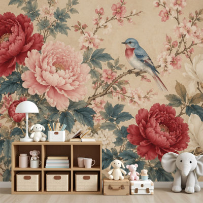 Peel and Stick Wallpaper Floral Red Pink Peonies White Magnolia Cherry Blossoms Bluebird Branch Wall Murals 69"H x 96"W Removable PVC Wall Paper Self-Adhesive Wall Decor for Bedroom Home Office
