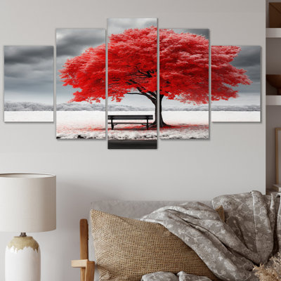 Arbre rouge symphonie en hiver I - art mural floral salon - 5 panneaux