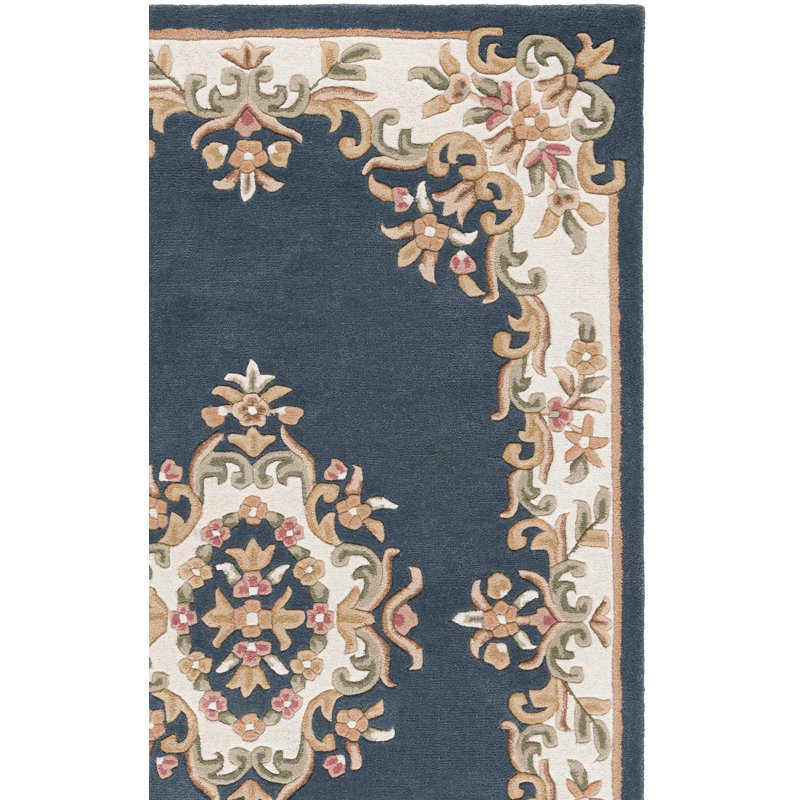 Aubusson Hand Tufted Wool/Cotton Floral Rug in Dark Blue/Ivory, Rectangle 5' x 8'