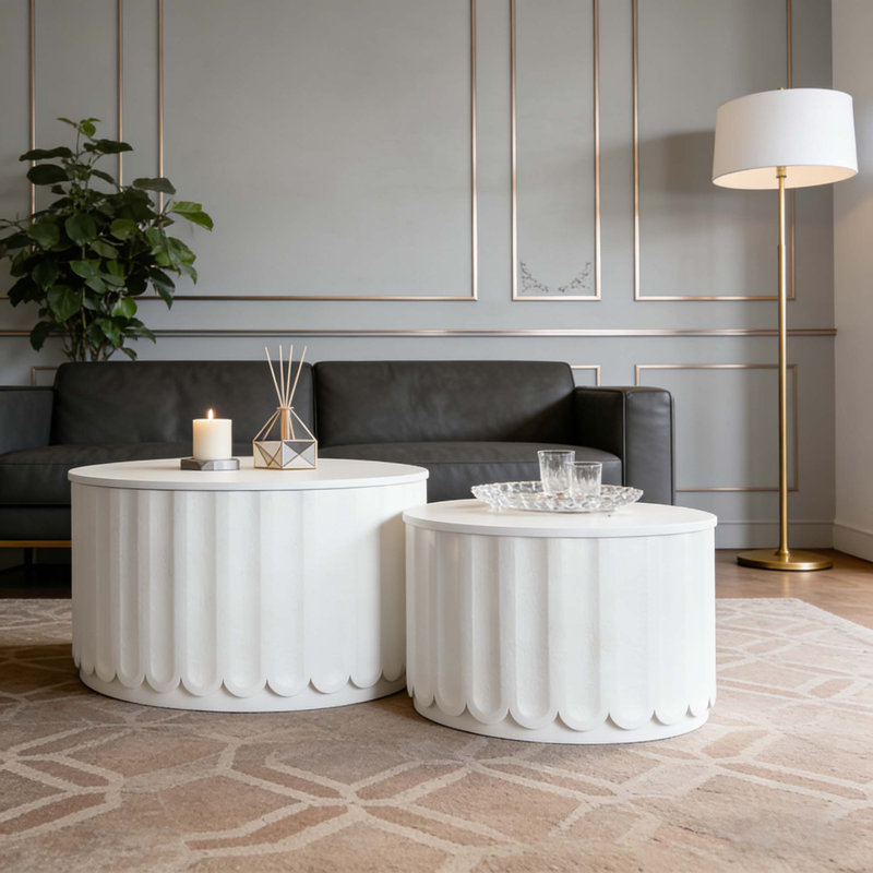 Ensemble de tables de rangement rondes blanches avec couvercle amovible, conception emboîtable, forme élégante à bord incurvé