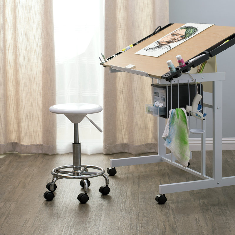 Cowgill Adjustable Height Industrial Stool with Footring and Wheels, White