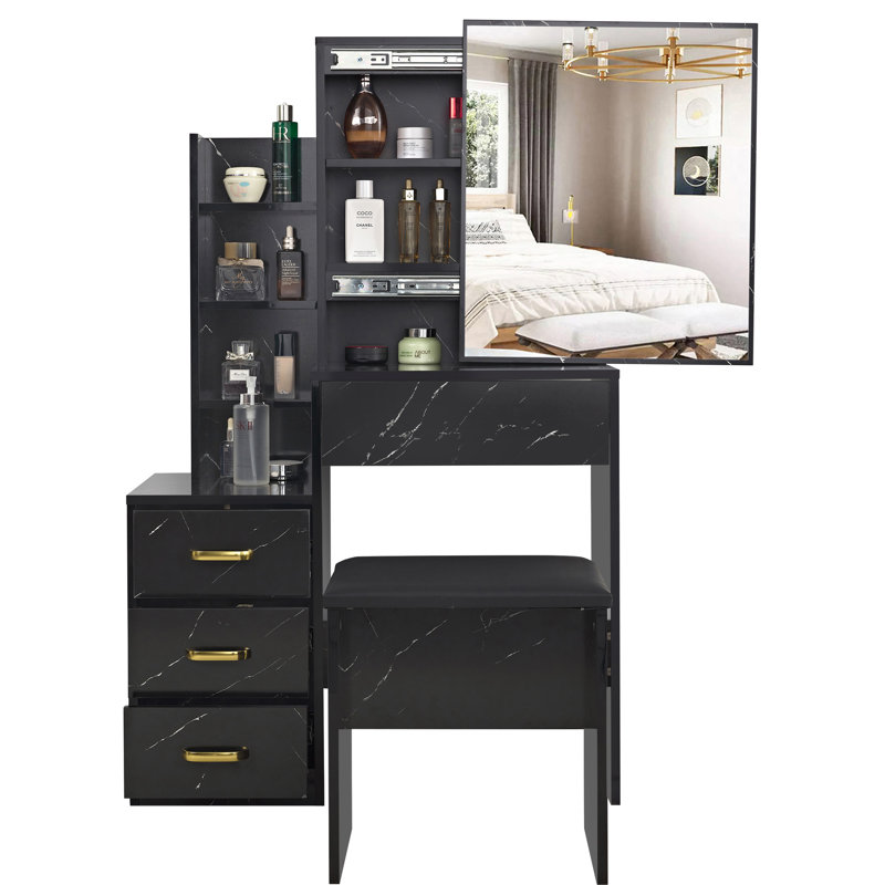 Barranca Dressing Table with Sliding Mirror, Black Marble
