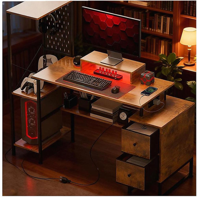 Bureau d'ordinateur, table d'ordinateur avec prises de courant et lumières DEL, pour la maison et le bureau