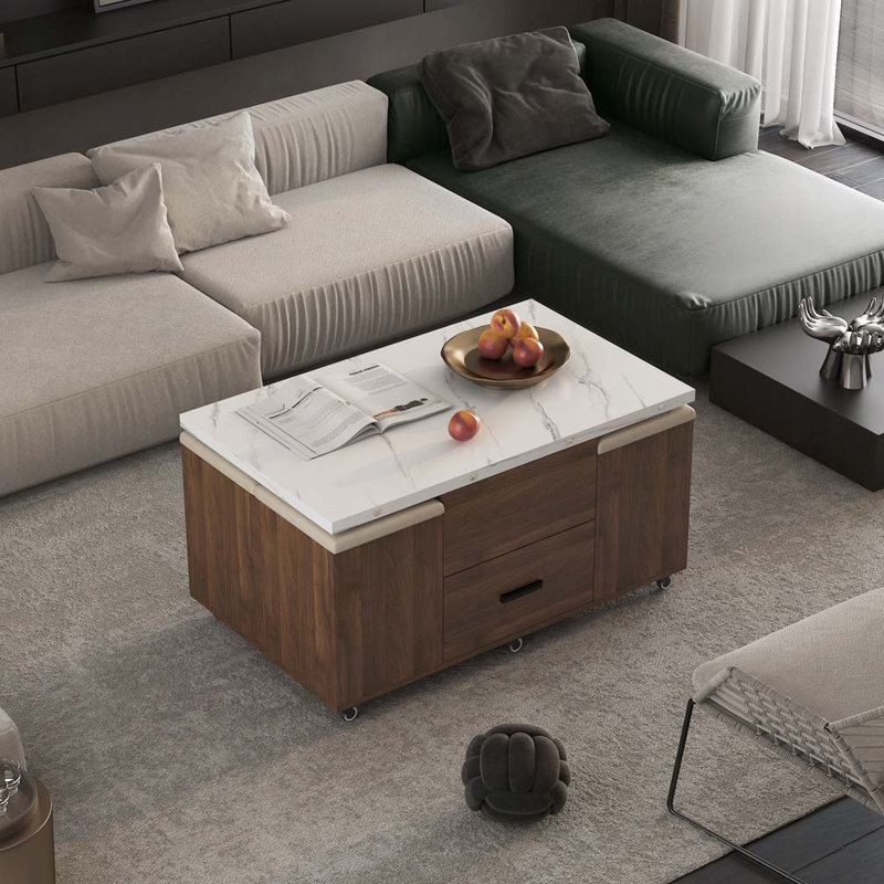 Table basse relevable avec 4 tabourets et 2 tiroirs, Brun