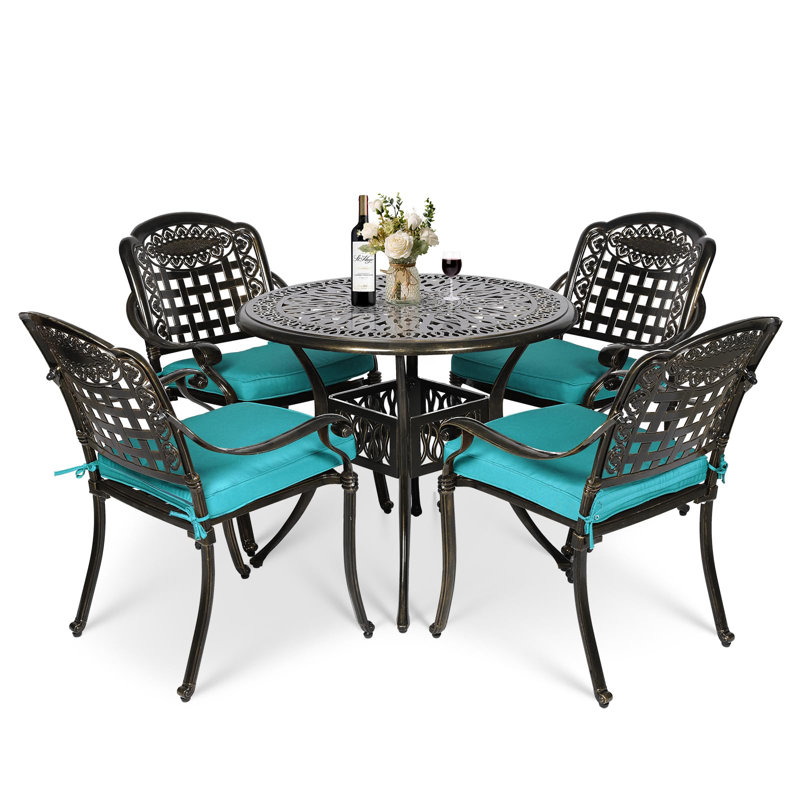 4 - Person Patio Dining Set Umbrella Hole Included Round Table with Cushions Included, Ocean Blue