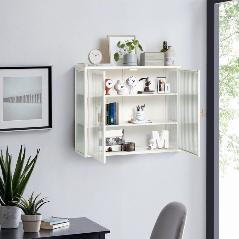 27.56"Glass Doors Modern Two-Door Wall Cabinet With Featuring Three-Tier Storage For Entryway Living Room Bathroom Dining Room
