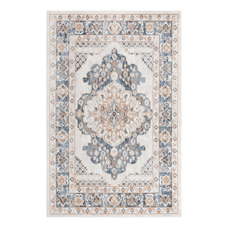 Tapis oriental en polypropylène tissé à la machine Octagon en ivoire / gris, Rectangle 6 pi 1 po x 9 pi