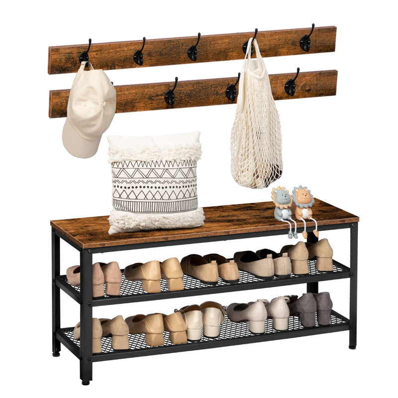 Hall Tree Entryway Storage Bench, Coat Rack Shoe Bench, Shoe Rack Organizer With Coat Hooks, 3-In-1 Design, Wooden Furniture With Metal Frame, Rustic Brown And Black