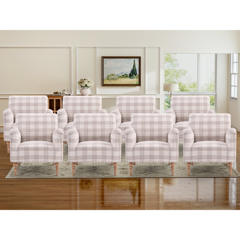 29" Wide Stylish Plaid Fabric Accent Chair With Solid Wood Legs, Brown White