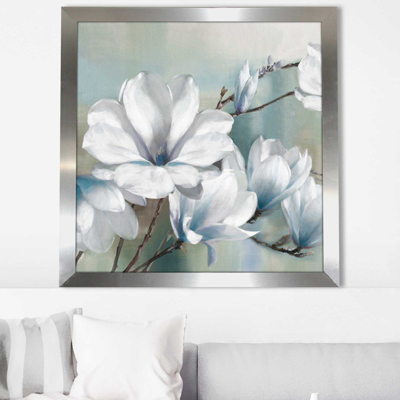 «Spring Magnolias» par Rogier Daniels - Peinture, Encadrement argenté, H 37,5 po x l 37,5 po x P 1 po