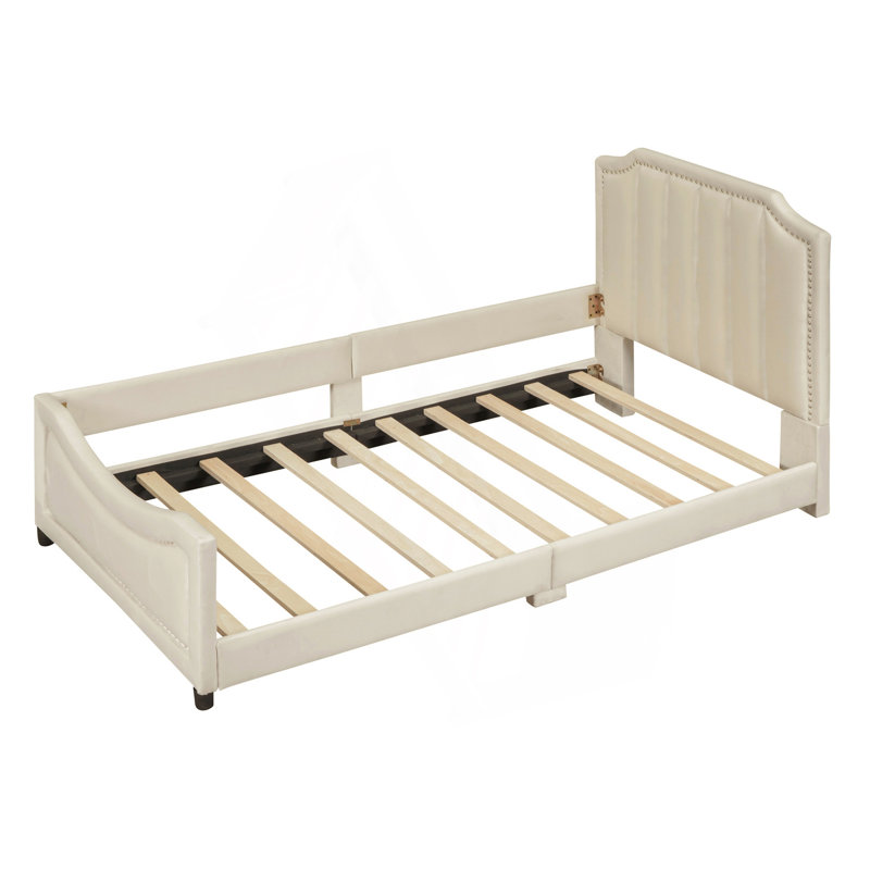 Modern Twin Size Upholstered Daybed With Classic Stripe Shaped Headboard, Beige