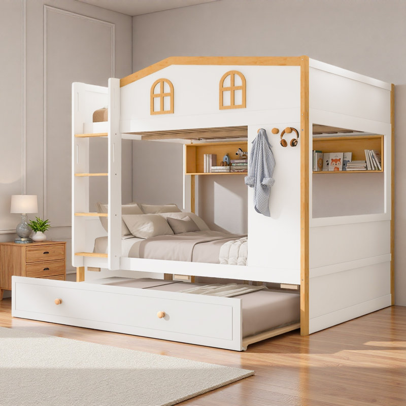 Bunk Bed With House-shaped Guardrails, Storage Shelves And Trundle, Full Over Full