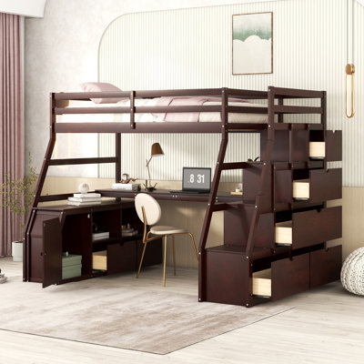 Lit mezzanine avec 7 tiroirs, 2 tablettes et un bureau