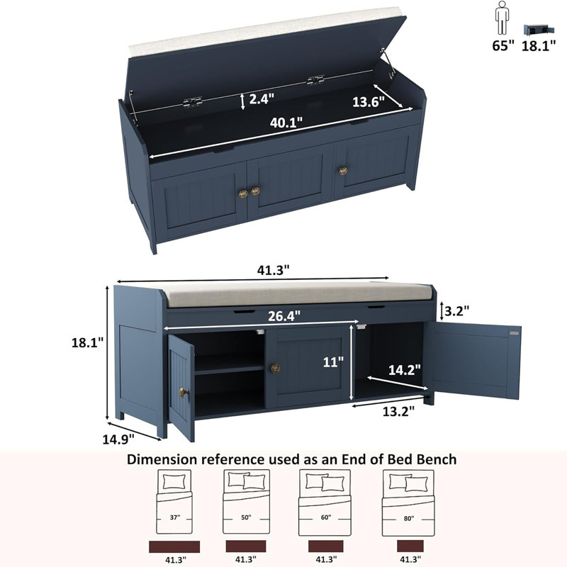 Polyester Upholstered Storage Bench, Blue