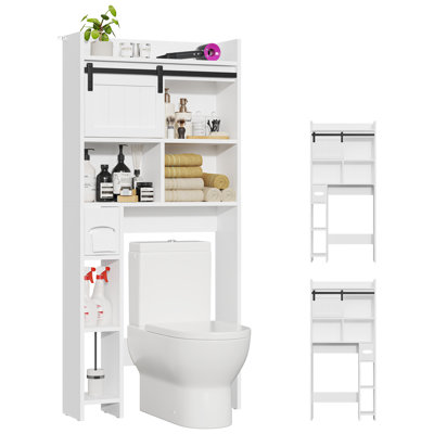Armoire de rangement de salle de bain au-dessus de la toilette avec porte coulissante, organisateur compact de 7,5 po de profondeur avec tablettes à 3 niveaux et porte-papier hygiénique