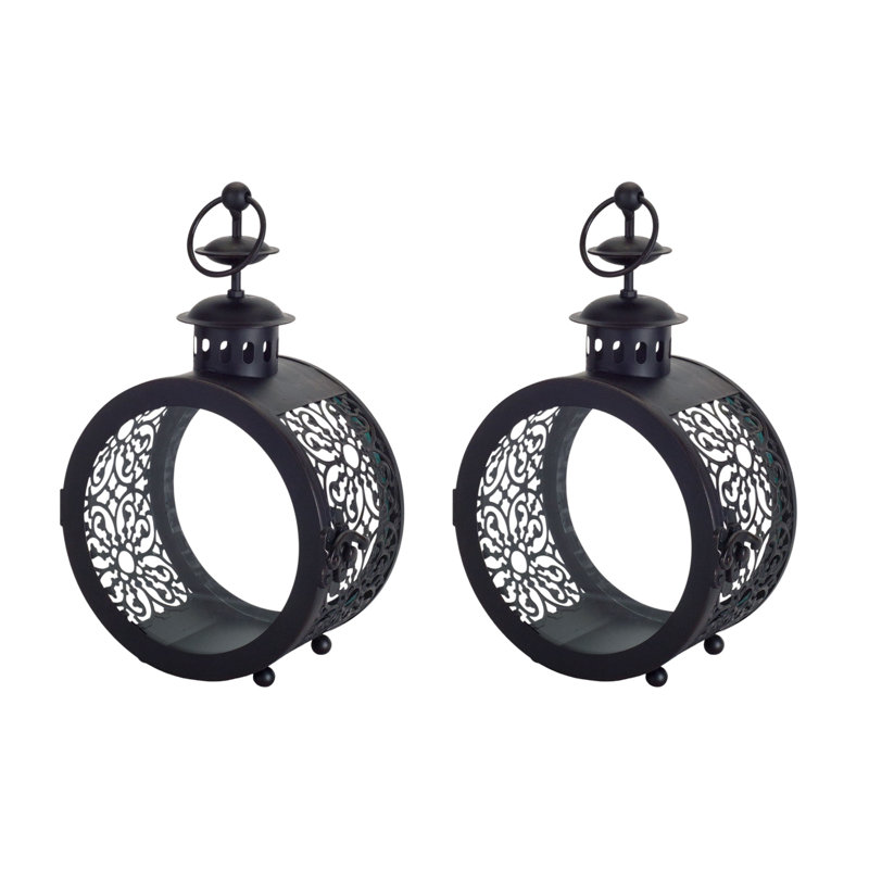 Ensemble de deux porte-bougies décoratifs en fer noir et verre