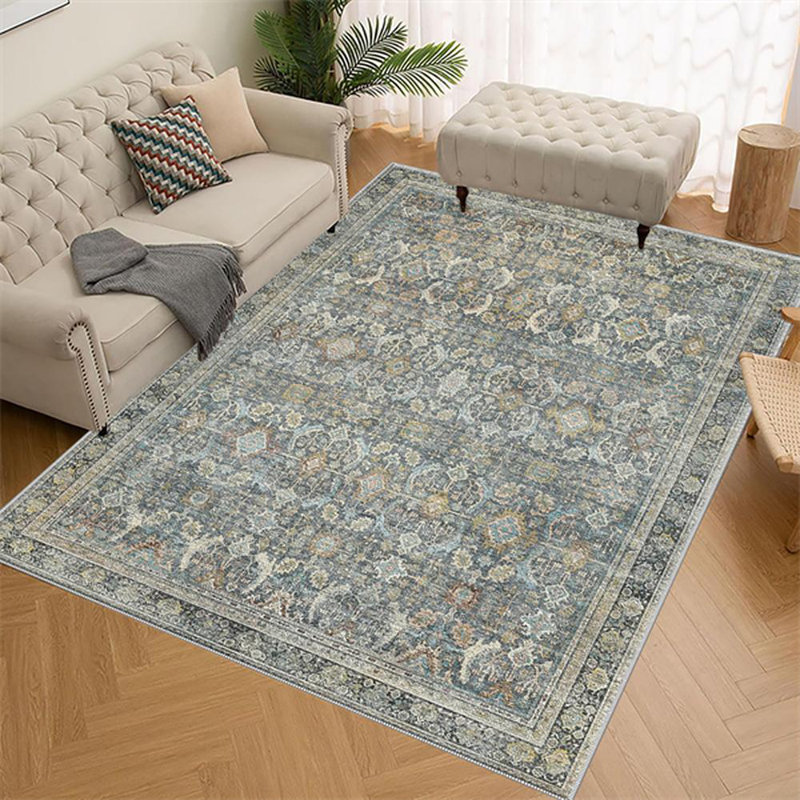 Area Rugs For Living Room, Washable Neutral Hand-Painted Floral Bedroom Rug, Vintage Distressed Non Slip Low Pile Large Carpet, Soft Retro Dining Room Office Rug