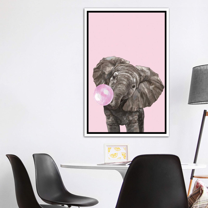 Art d’éléphant de gomme à bulles, Toile blanche encadrée, H 60 po x l 40po x P 1,5 po