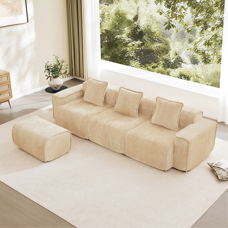 Canapé modulaire en L à 3 places avec passepoil à bordure française, sans assemblage requis, canapé 3 places avec coussins décoratifs et 1 repose-pieds mobile, tissu de velours