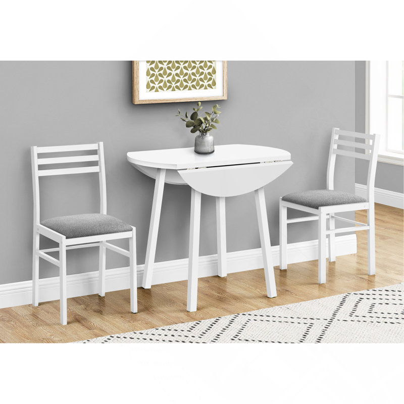 Ensemble de table de salle à manger, ensemble de 3 pièces, petit, abattant de 35 po, cuisine, métal blanc et stratifié, tissu gris, contemporain, moderne