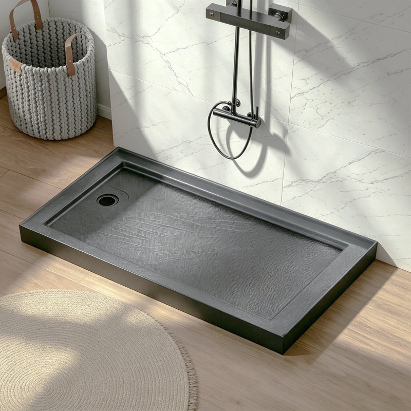 60" x 32" Single Threshold Alcove Shower Base with Left Drain, Integrated Flange and Low Profile Design, Gray, Left