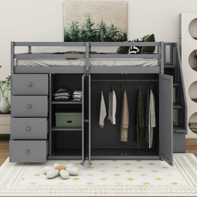 Jearl Full Size Wood Loft Bed With Built-in Wardrobes, Cabinets and Drawers