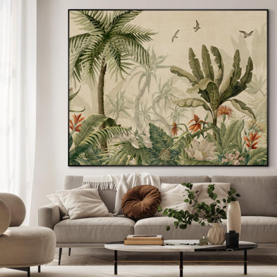 Vintage Tropical Jungle Palm Trees and Birds Nature Extra Large Framed Wall Art Print Decor (Frame Assembly Required)
