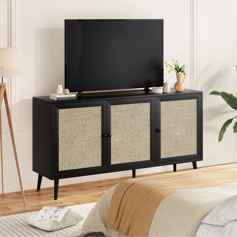 47.2"  3-Door storage Sideboard with Rattan  Doors, Natural, 27.6" H x 47.2" W x 15.5" D