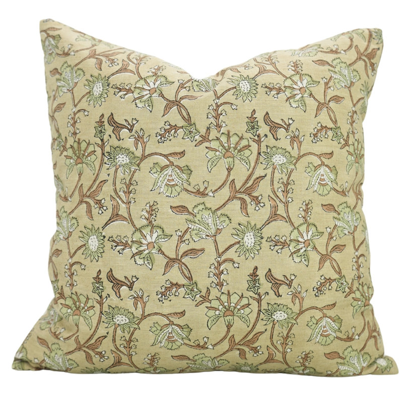 Housse de coussin en lin fabriquée à la main Fabividine Nayab, H 24 po x l 24 po, Floral vert clair, Carré
