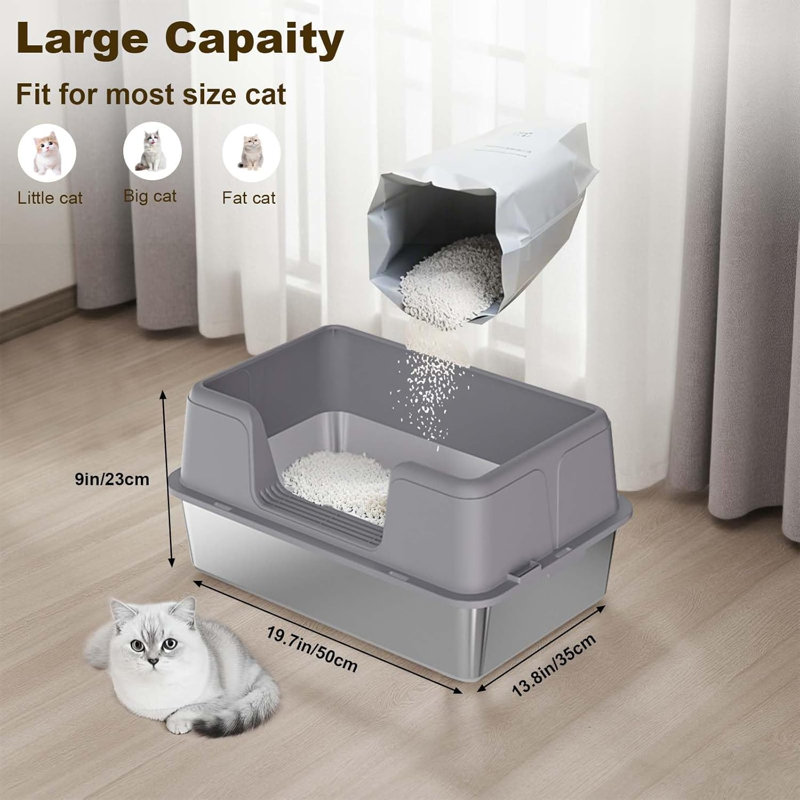 Stainless Steel Litter Box with Scoop, 22.9cm H x 35.1cm W x 50cm D, Grey