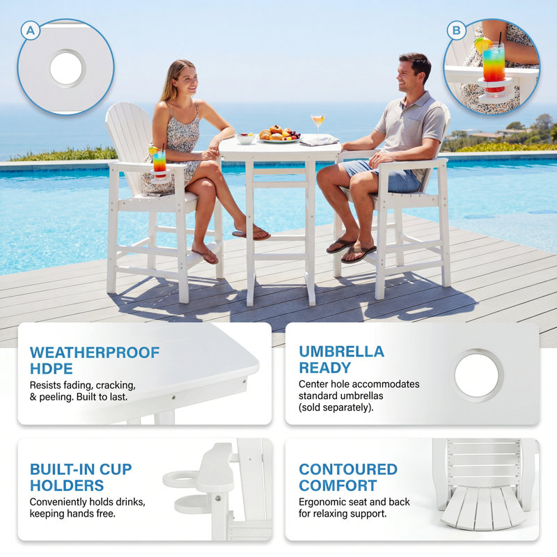 Ensemble de patio à hauteur de bar 3 pièces en PEHD, table de pub carrée avec trou pour parasol, 2 chaises de bar avec porte-gobelets