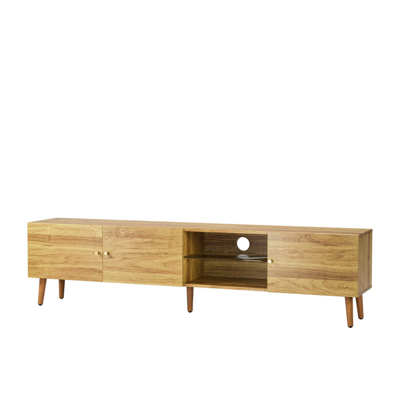 Console de télévision moderne de style Mid-Century de 70 po avec rangement, meuble de divertissement polyvalent avec tablette de rangement centrale. Compatible,