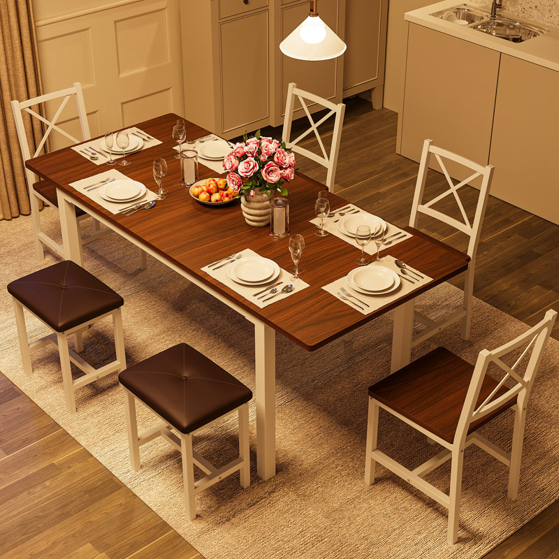 Farmhouse Style 7-Piece Dining Table Set For 4-6 People, 63" Extendable Kitchen Table Set With 4 Dining Chairs And 2 PU Upholstered Stools