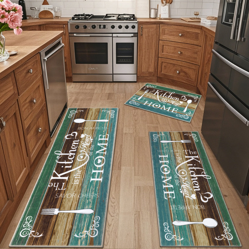 Machine Washable Non-Slip Kitchen Mat, Green/Brown/White
