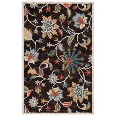 Tapis floral brun en laine Deaquaneil