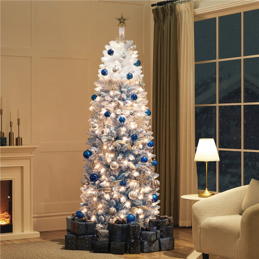 Pre-lit Flocked Pencil Artificial Christmas Tree with Incandescent Warm White Lights The Holiday Aisle® 
