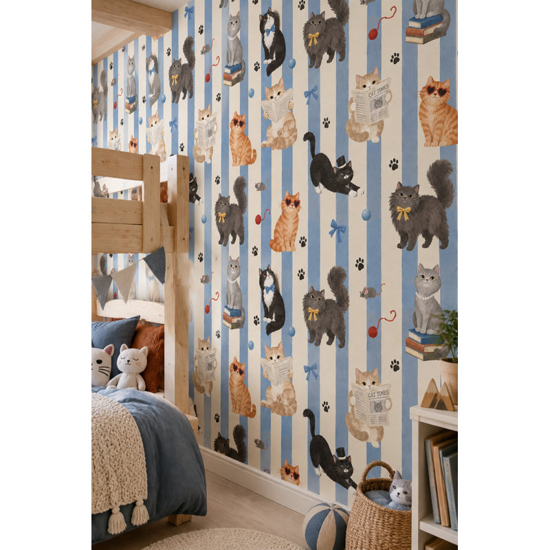Cats Wallpaper Blue Cream Vertical Stripes, Peler et coller