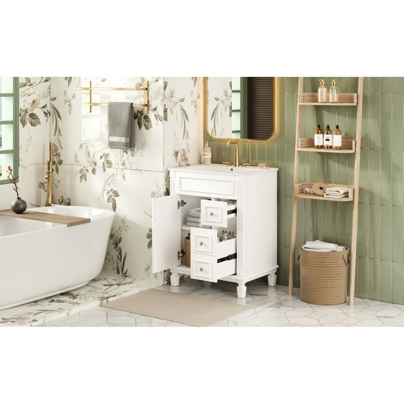 Meuble-lavabo moderne de 61 cm (24 pouces) avec lavabo en céramique, 2 tiroirs et tablette réglable - Une solution pour optimiser l'espace dans les petites salles de bain. Style français revisité.